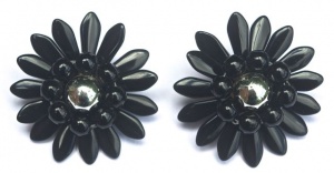 Vintage Silver and Black Glass Clip On Flower Earrings circa 1950s
